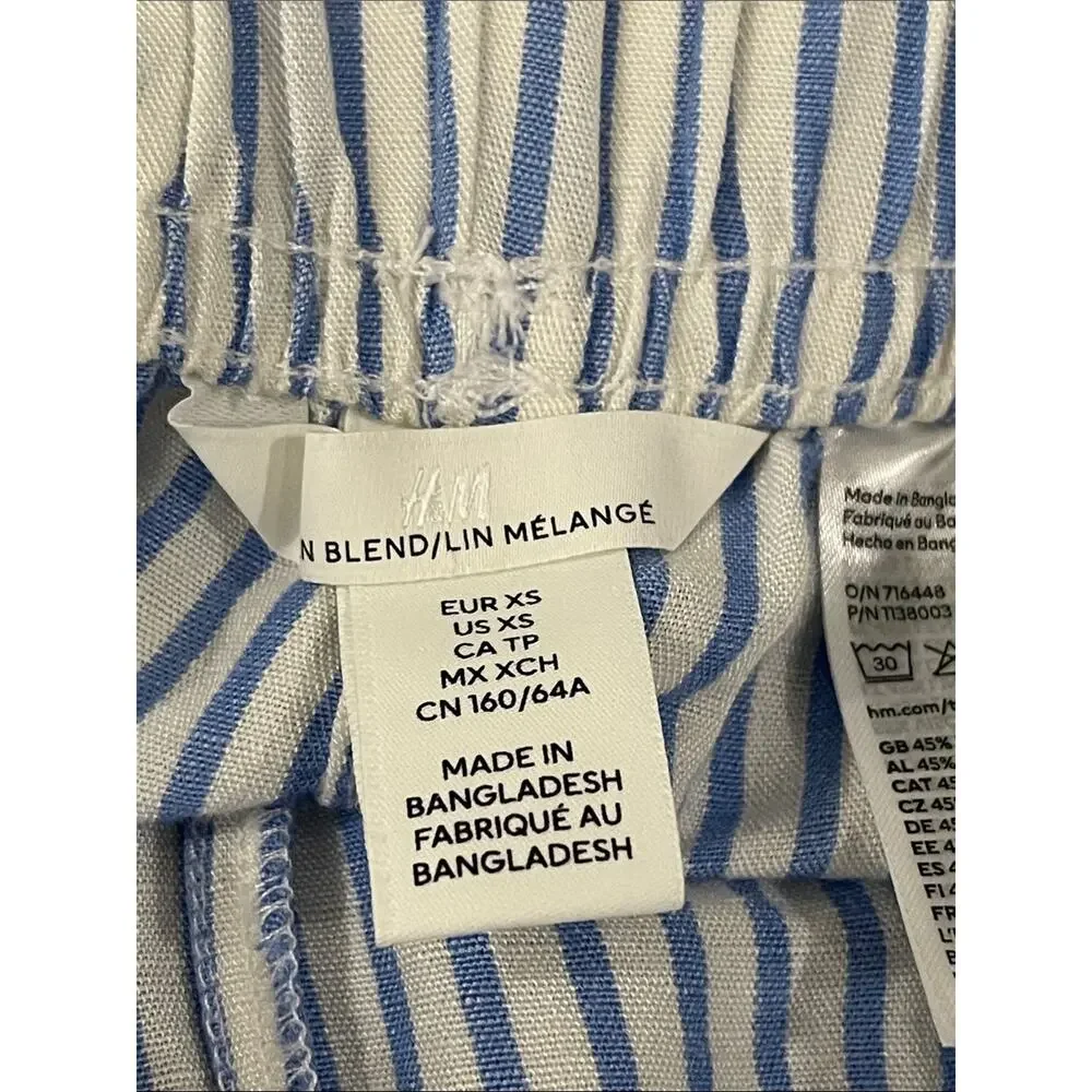 H&M Linen Blend Wide Leg Striped High Rise Pull On Pants Blue White Size XS